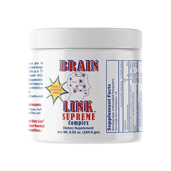 Dietary supplement container labeled 'Brain Link Supreme Complex' on a white background