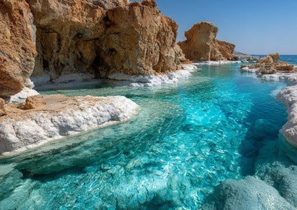 Chlorine represented as turquoise waters and rocky cliffs with salt deposits on a sunny day.