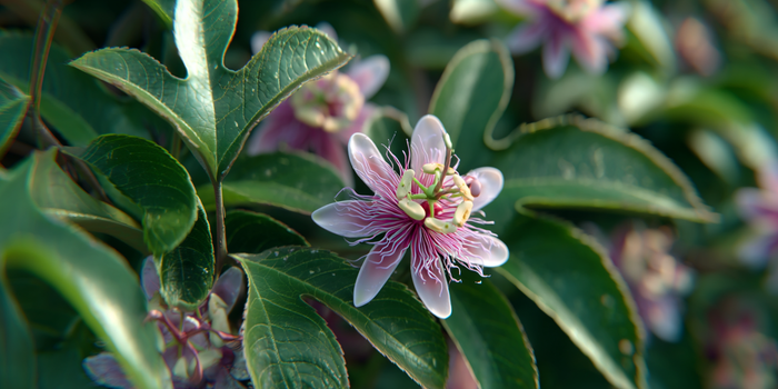 Passion flower with green leaves on a blurred natural background