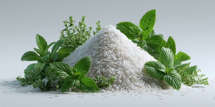 White rice and green herbs on a light gray background