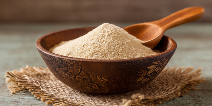 Wooden bowl filled with yeast on a rustic surface