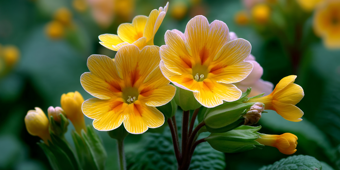 Close-up of Primrose yellow flowers with green leaves on a blurred natural background