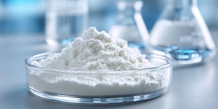 White powder in a glass dish with blurred laboratory equipment in the background