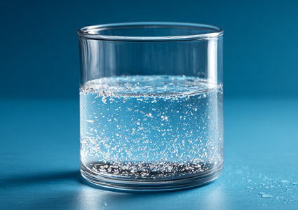 Clear glass with water and small stones on a blue background representing deminelized water