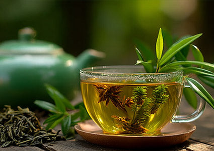 Clear glass cup of green tea with a teapot and tea leaves on a wooden surface.