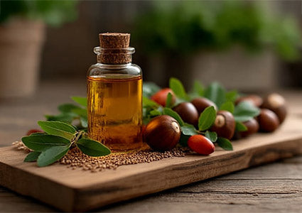 Glass bottle of Jojabo oil with a cork lid on a wooden board with nuts and leaves.