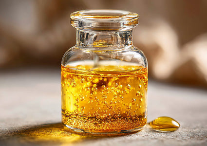 Glass jar with yellow liquid representing Vitamin E and a dropper on a blurred background