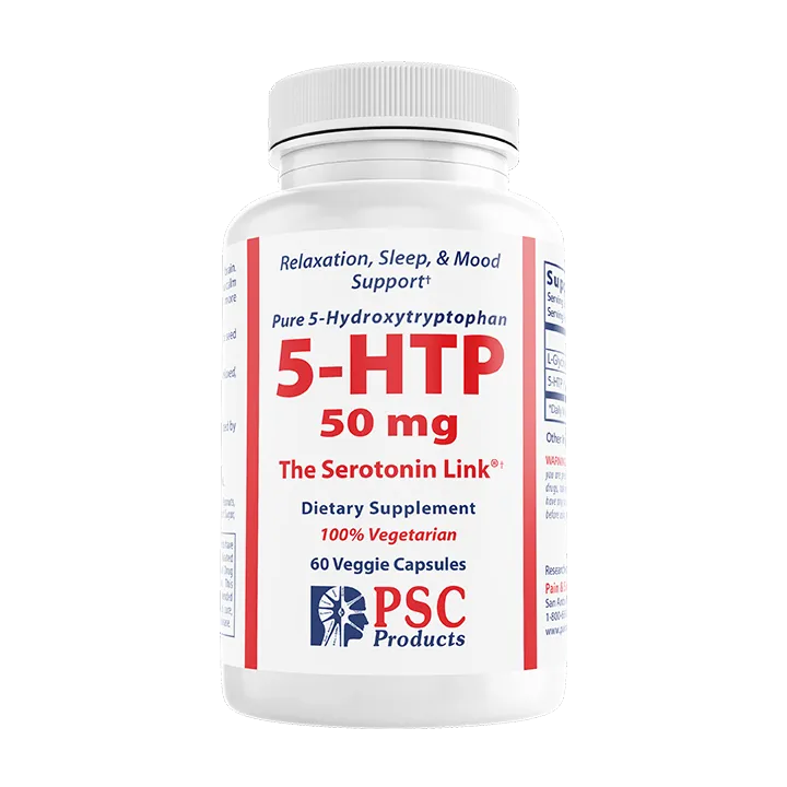 Supplement bottle labeled '5-HTP 50 mg' by PSC Products on a white background