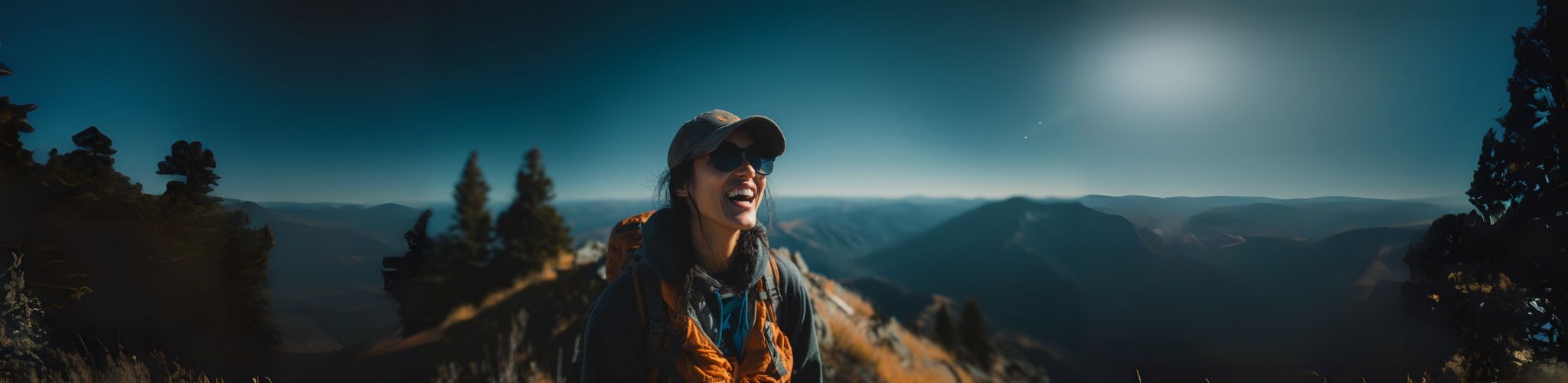 Person standing on a mountain top with a scenic view of mountains and sky.