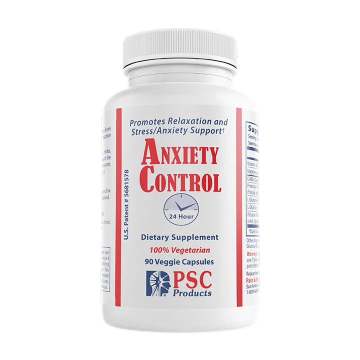 Dietary supplement bottle labeled 'Anxiety Control' on a white background