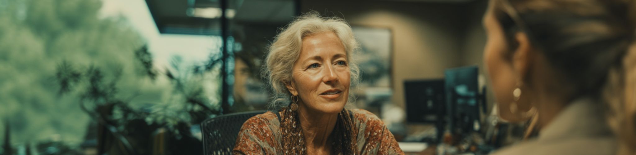 Woman sitting in a room with blurred background