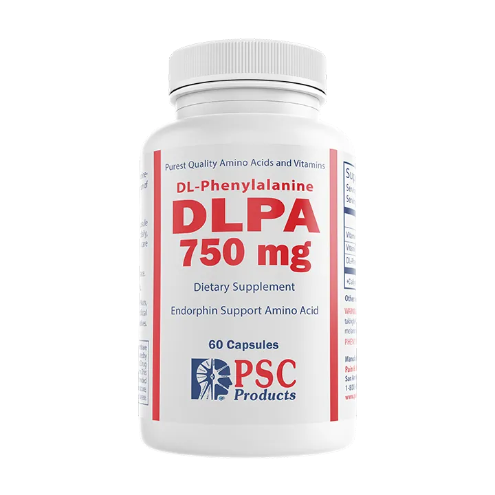 Supplement bottle labeled 'DL-Phenylalanine DLPA 750 mg' by PSC Products on a white background