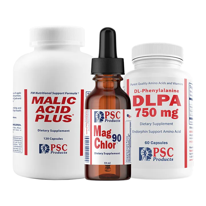 Three dietary supplement bottles Malic Acid, Liquid Magnesium Chloride, DLPA with labels on a white background