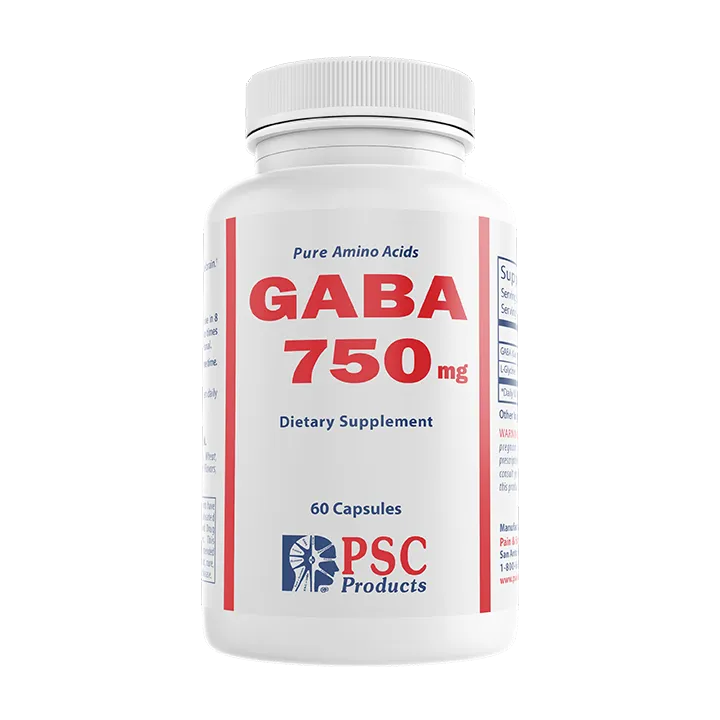 Supplement bottle labeled 'GABA 750 mg' by PSC Products on a white background