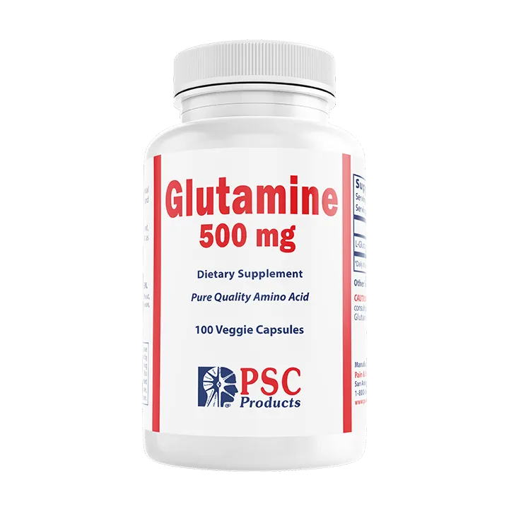 Supplement bottle labeled 'Glutamine 500 mg' by PSC Products on a white background