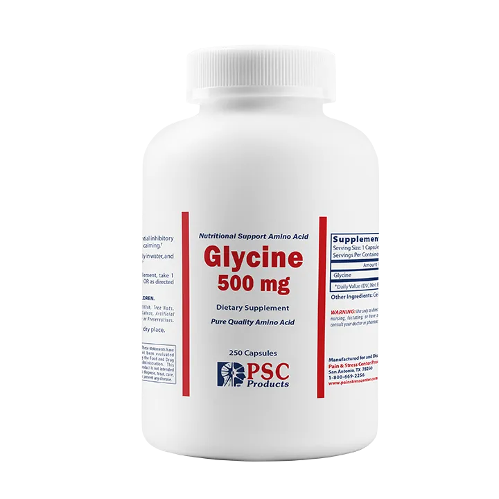 Supplement bottle labeled 'Glycine 500 mg' with PSC Products branding on a white background