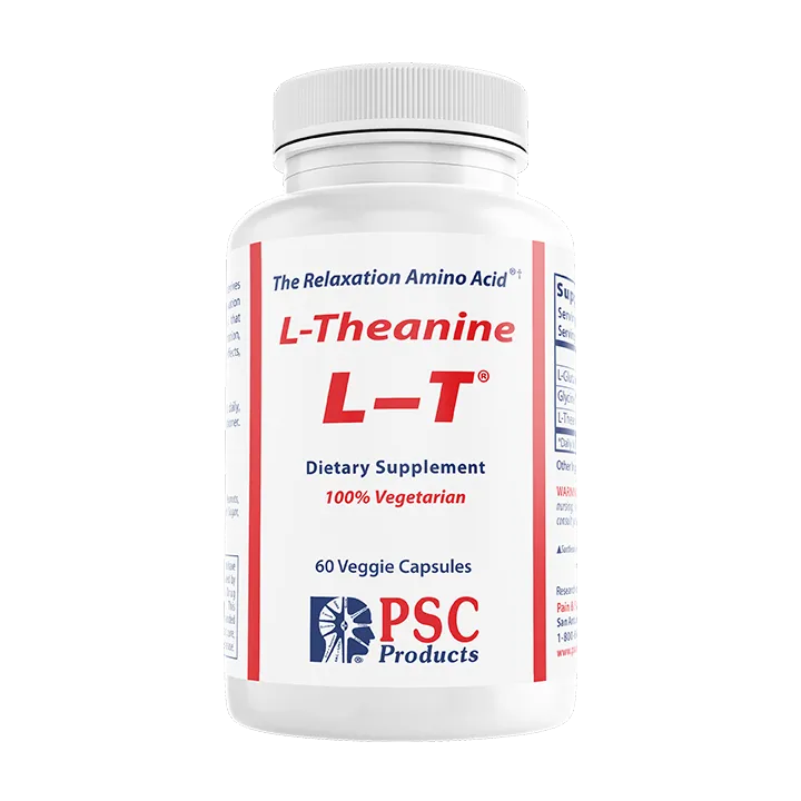 Supplement bottle labeled 'L-Theanine L-T' by PSC Products on a white background