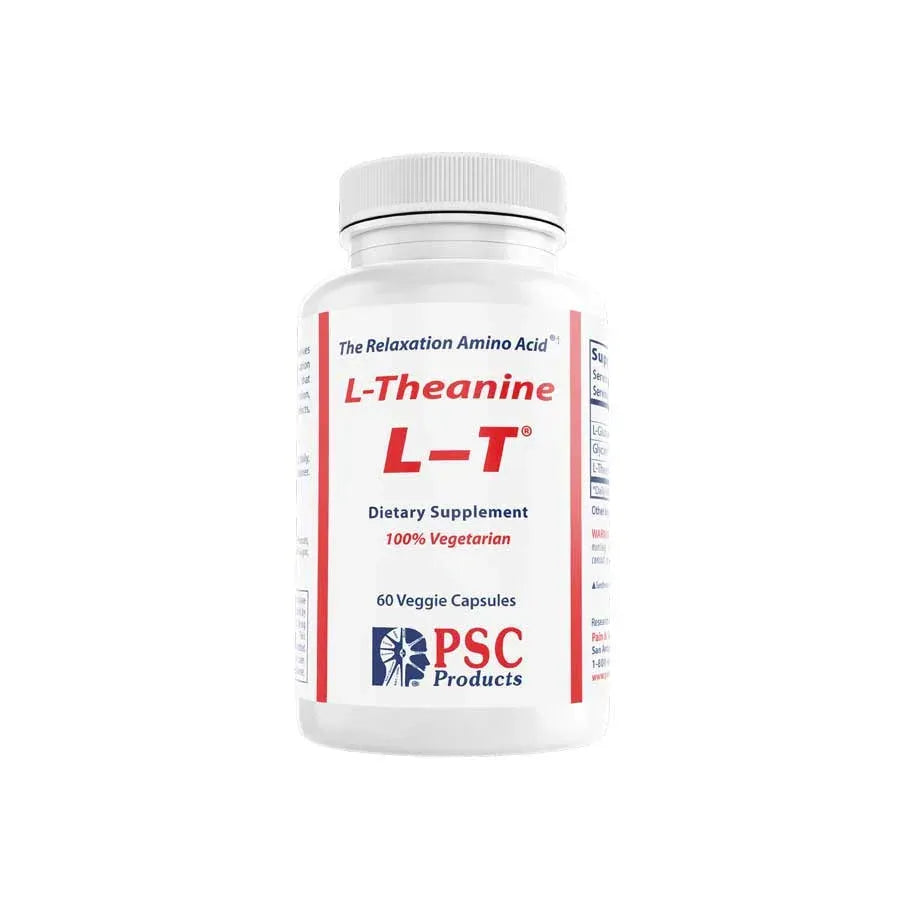 Supplement bottle labeled 'L-Theanine L-T' by PSC Products on a white background
