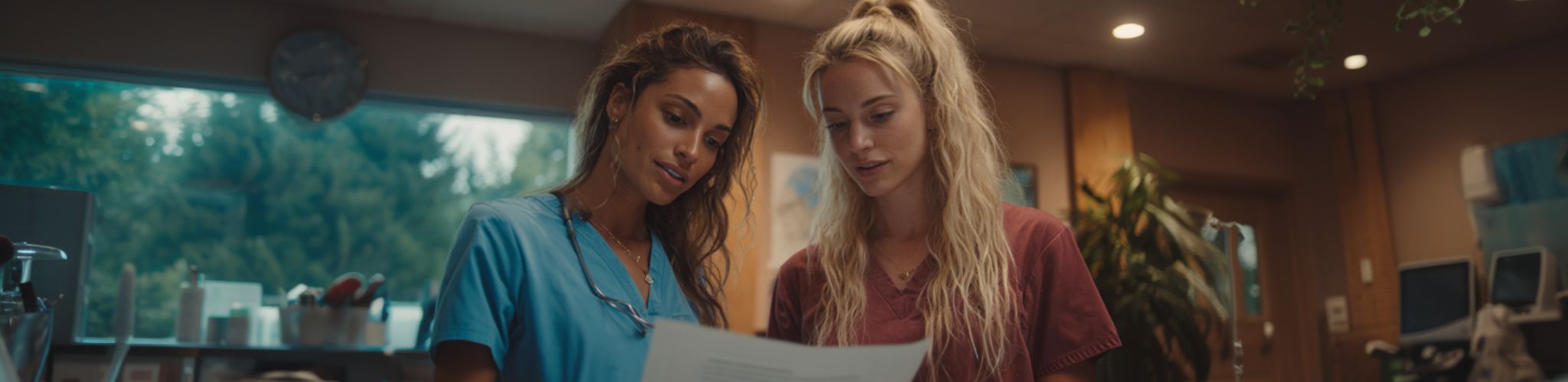 Two women looking at a piece of paper in a room with plants and furniture.