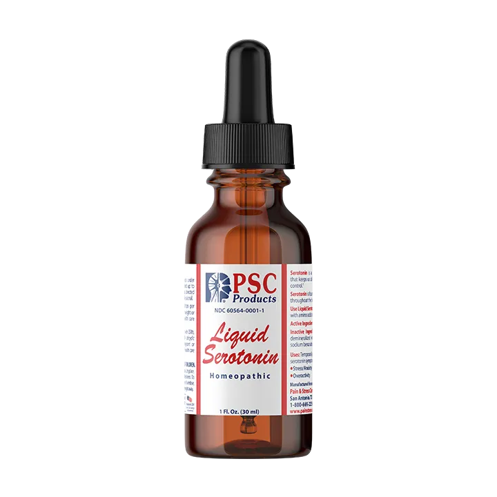 Brown glass dropper bottle labeled 'PSC Products Liquid Serotonin' on a white background
