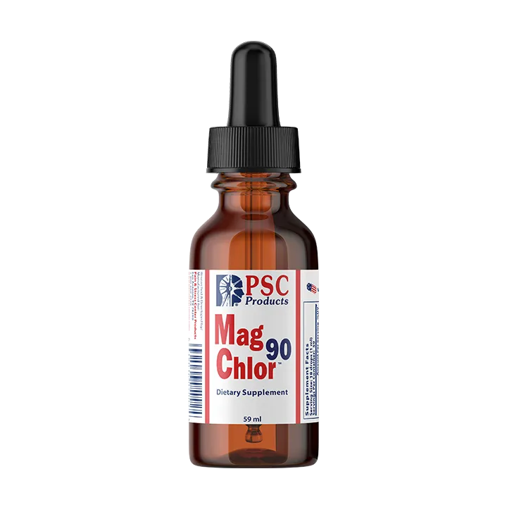 Brown glass bottle with dropper labeled 'PSC Products Mag Chlor 90' on a white background