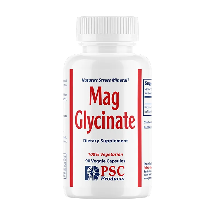 Supplement bottle labeled 'Mag Glycinate' by PSC Products on a white background