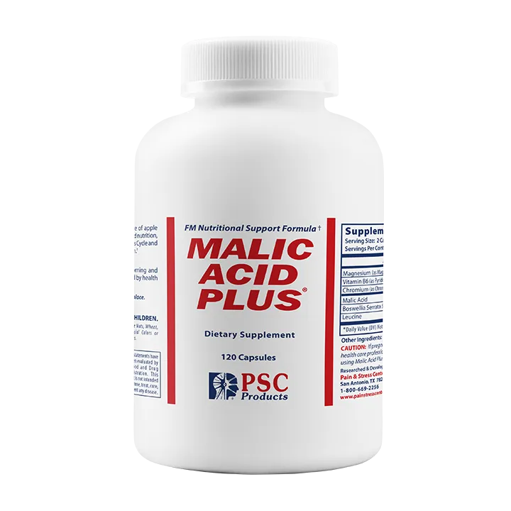 Supplement bottle labeled 'Malic Acid Plus' with PSC Products branding on a white background
