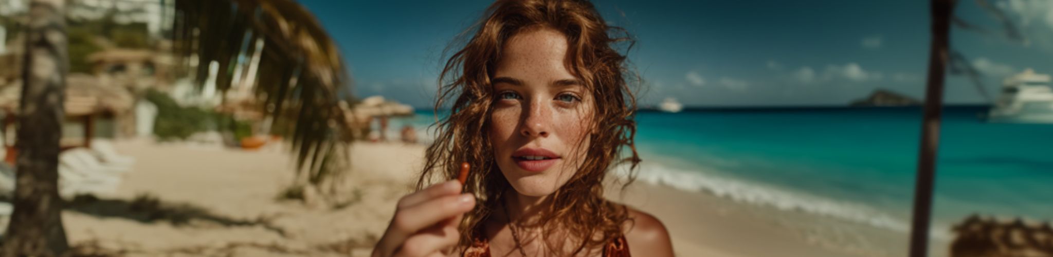Woman on a beach with turquoise water and palm trees in the background