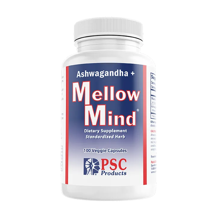 Supplement bottle labeled 'Mellow Mind' with Ashwagandha on a white background