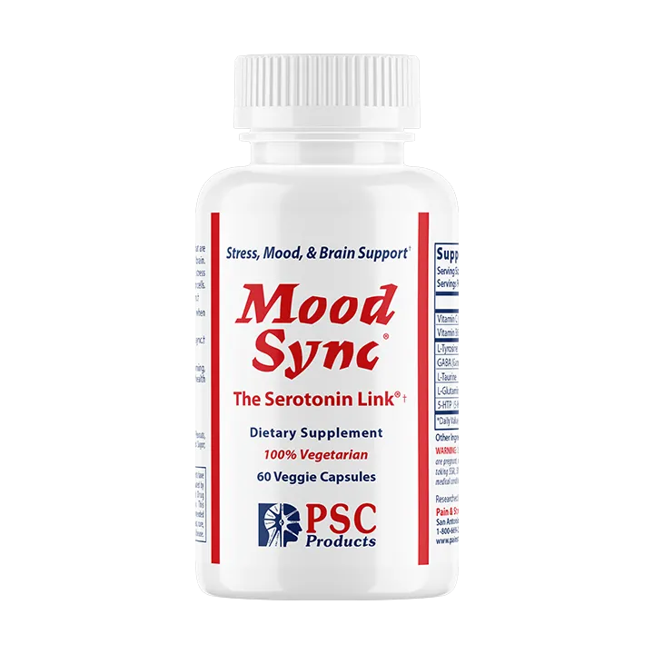 Bottle of Mood Sync dietary supplement on a white background