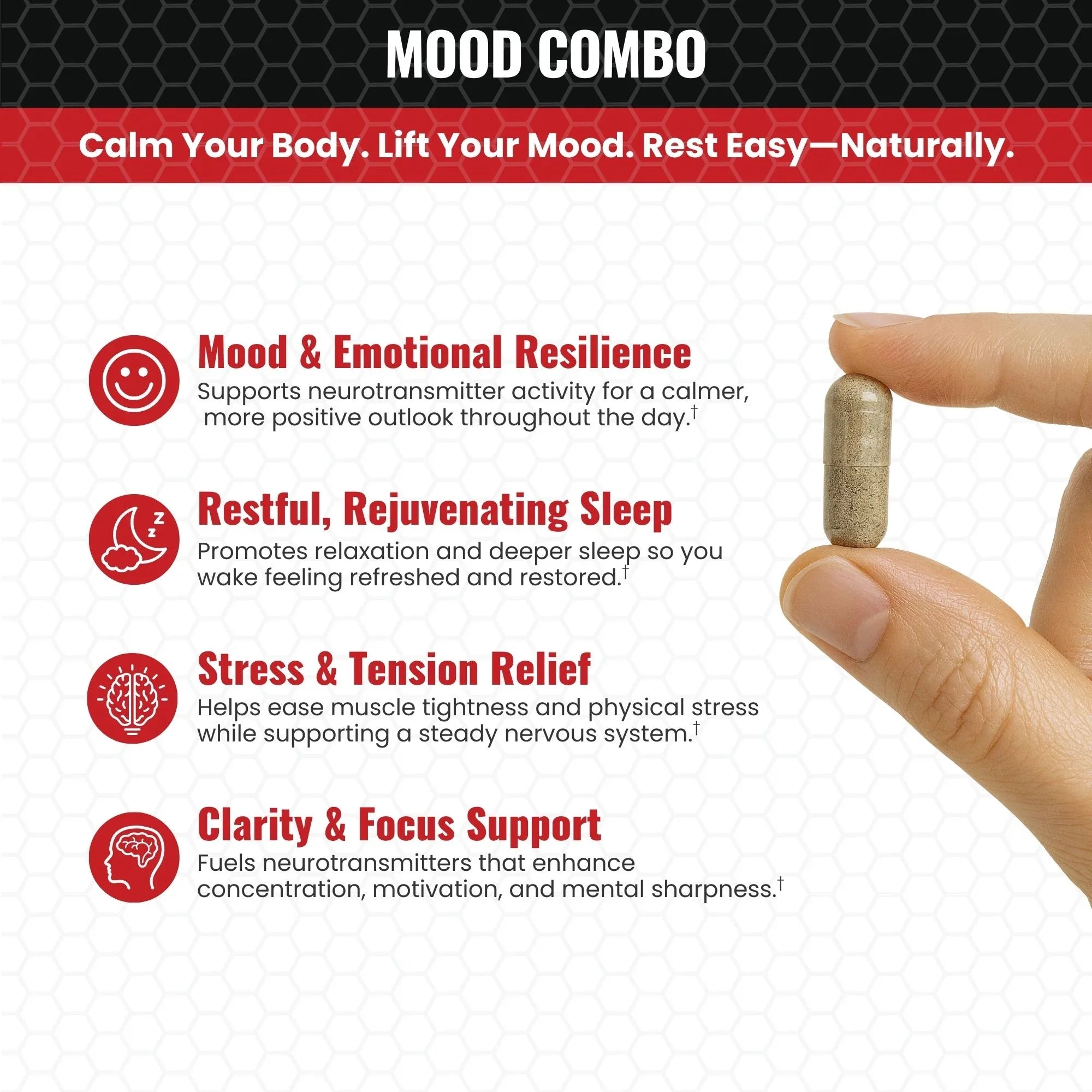 Mood supplement product with text highlighting benefits on a white background