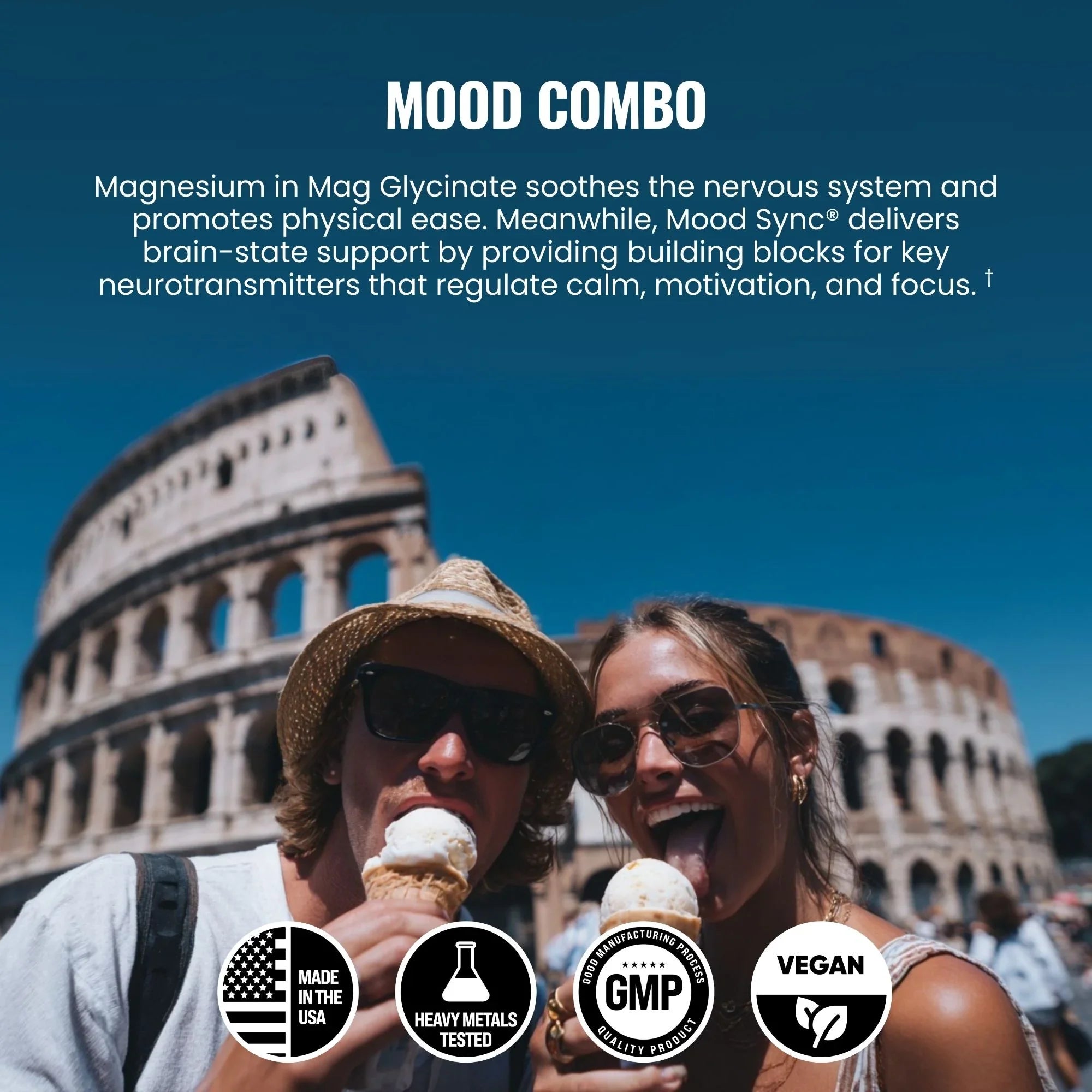 Two people enjoying ice cream in front of the Colosseum with product feature text overlay.