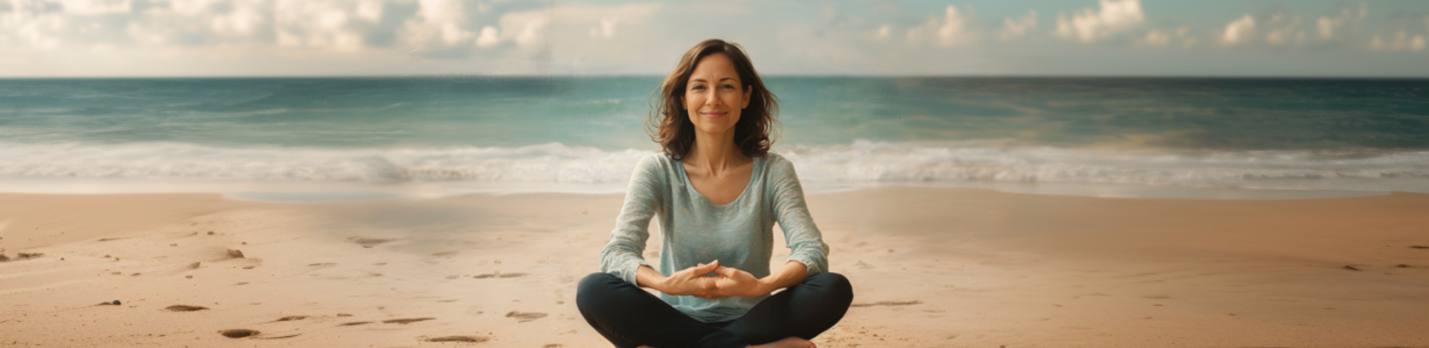Woman meditating on a beach with ocean and sky in the background
