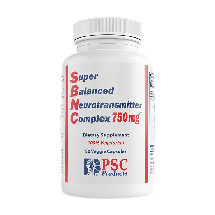Supplement bottle labeled 'Super Balanced Neurotransmitter Complex 750 mg' by PSC Products on a white background