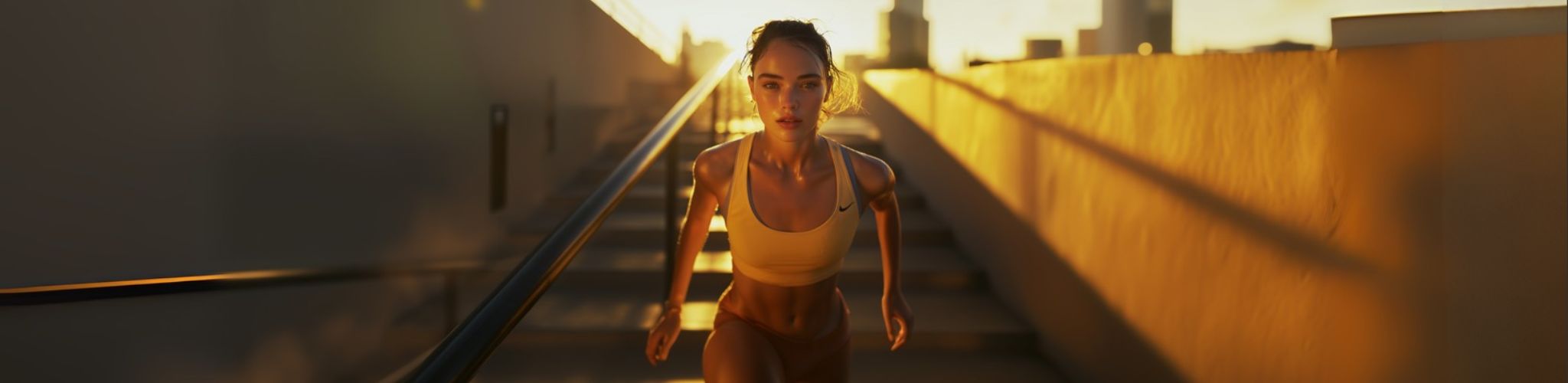 Woman running on a bridge at sunset