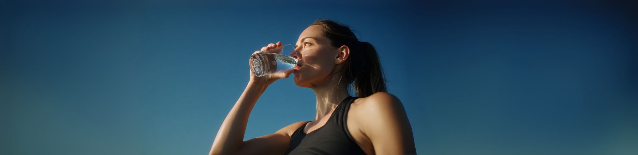 Woman drinking water against a clear blue sky