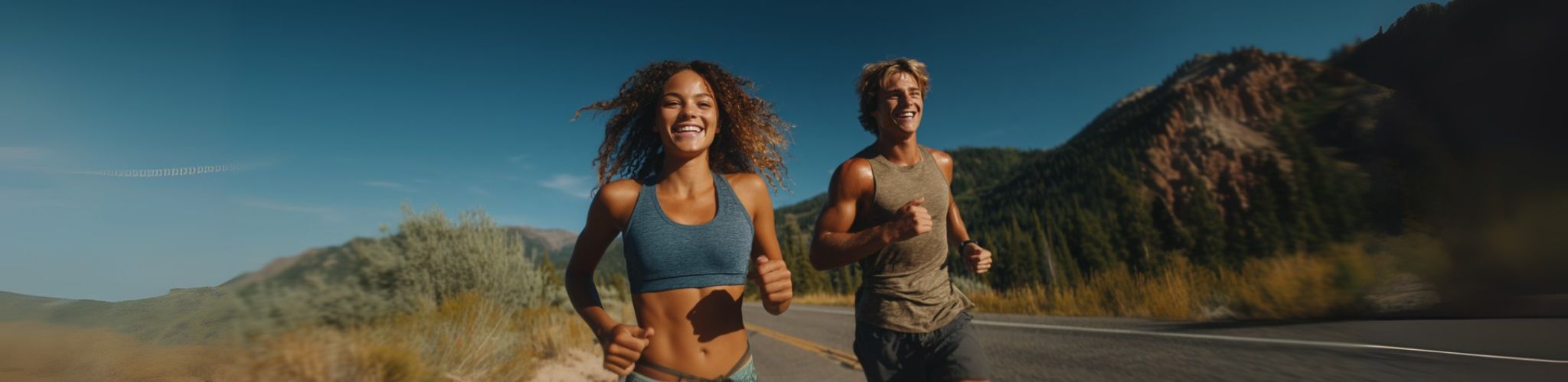 Two people running on a road with mountains in the background