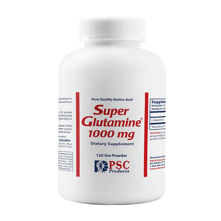 Supplement bottle labeled 'Super Glutamine 1000 mg' by PSC Products on a white background