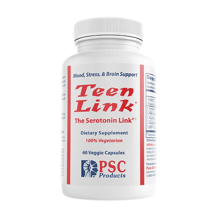 Supplement bottle labeled 'Teen Link' on a white background