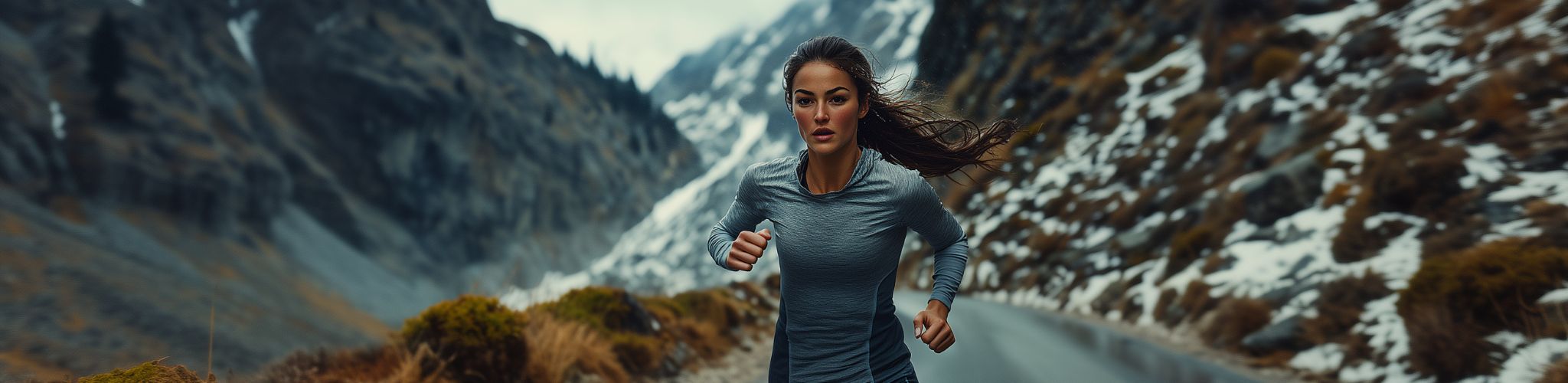 Woman running on a mountain road with snow-covered mountains in the background