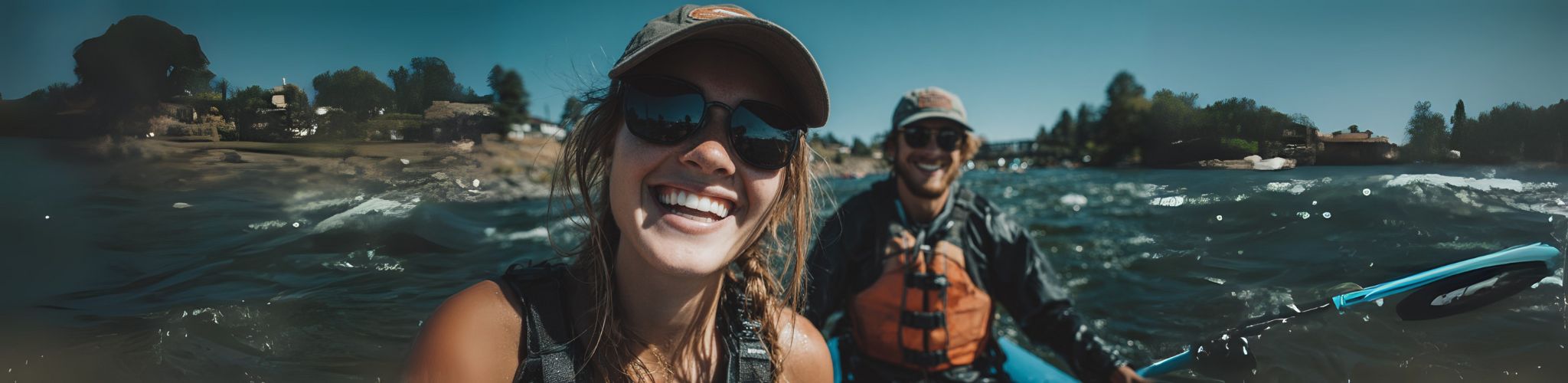 Two people kayaking on a body of water with a scenic background.